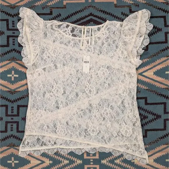 NWT Anthropologie Medium Sheer Lace Short Sleeve White Blouse Fairy Whimsical - Picture 8 of 11